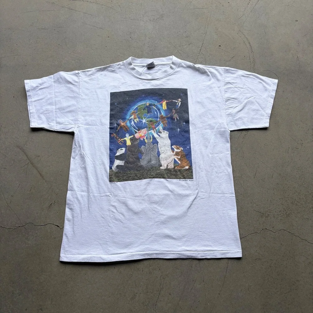 Vintage Fabric Art Markus Willis World Peace Animals Graphic T-Shirt XL White
